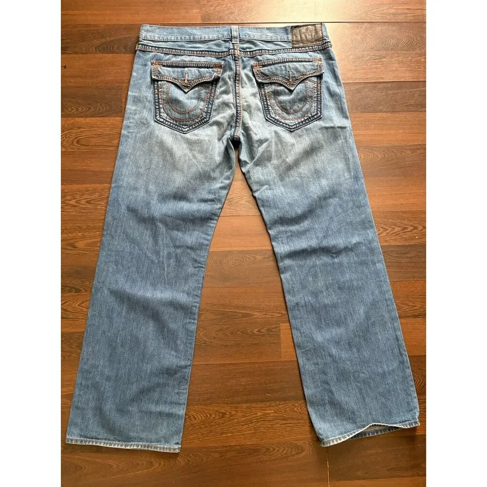 Vtg True Religion Big T Jeans 42x35 Faded Light Blue Flap Pocket Bootcut USA